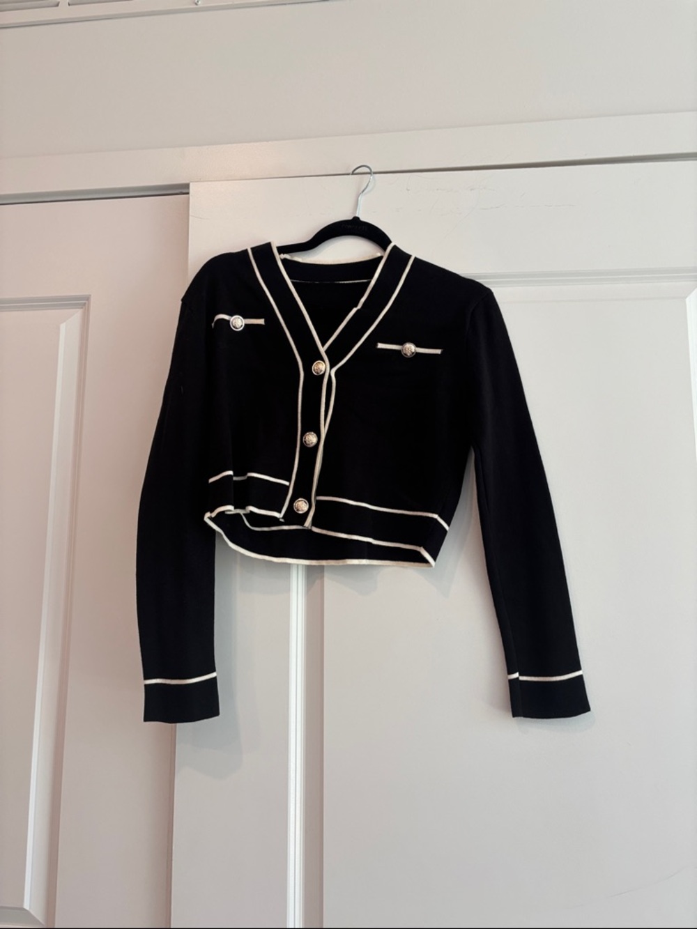 Black Cropped Cardigan with White Trim